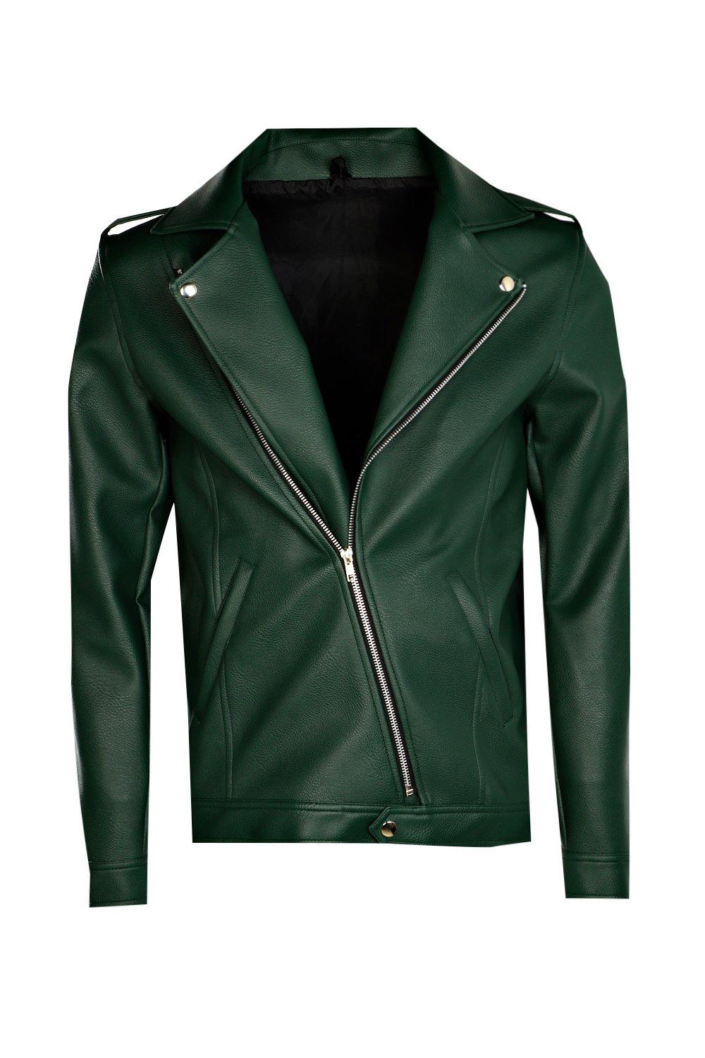 Asymmetric Faux Leather Green Moto Jacket | boohoo USA